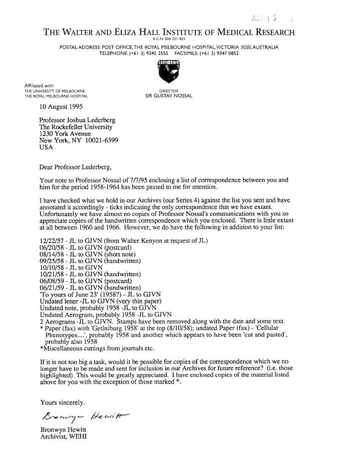 NLM pirated bbapwf Nossal to JL 8-10-95 request for GNossal correspondence (see Rockefeller oral history interview) p1